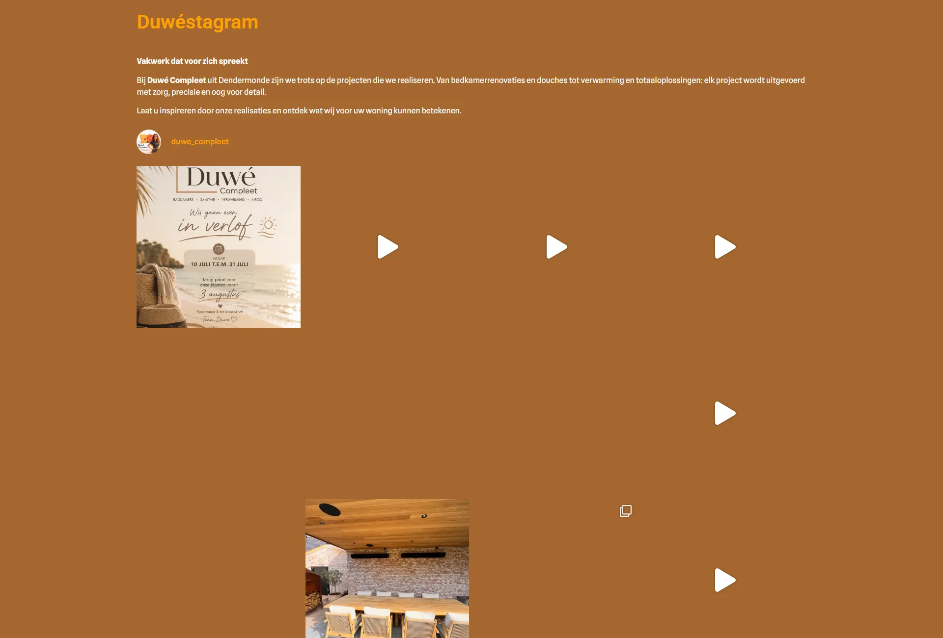 Duwéstagram: de Instagram-feed staat rechtstreeks op de site, zodat werven en realisaties zichzelf bijwerken zonder dat iemand de site moet openen.
