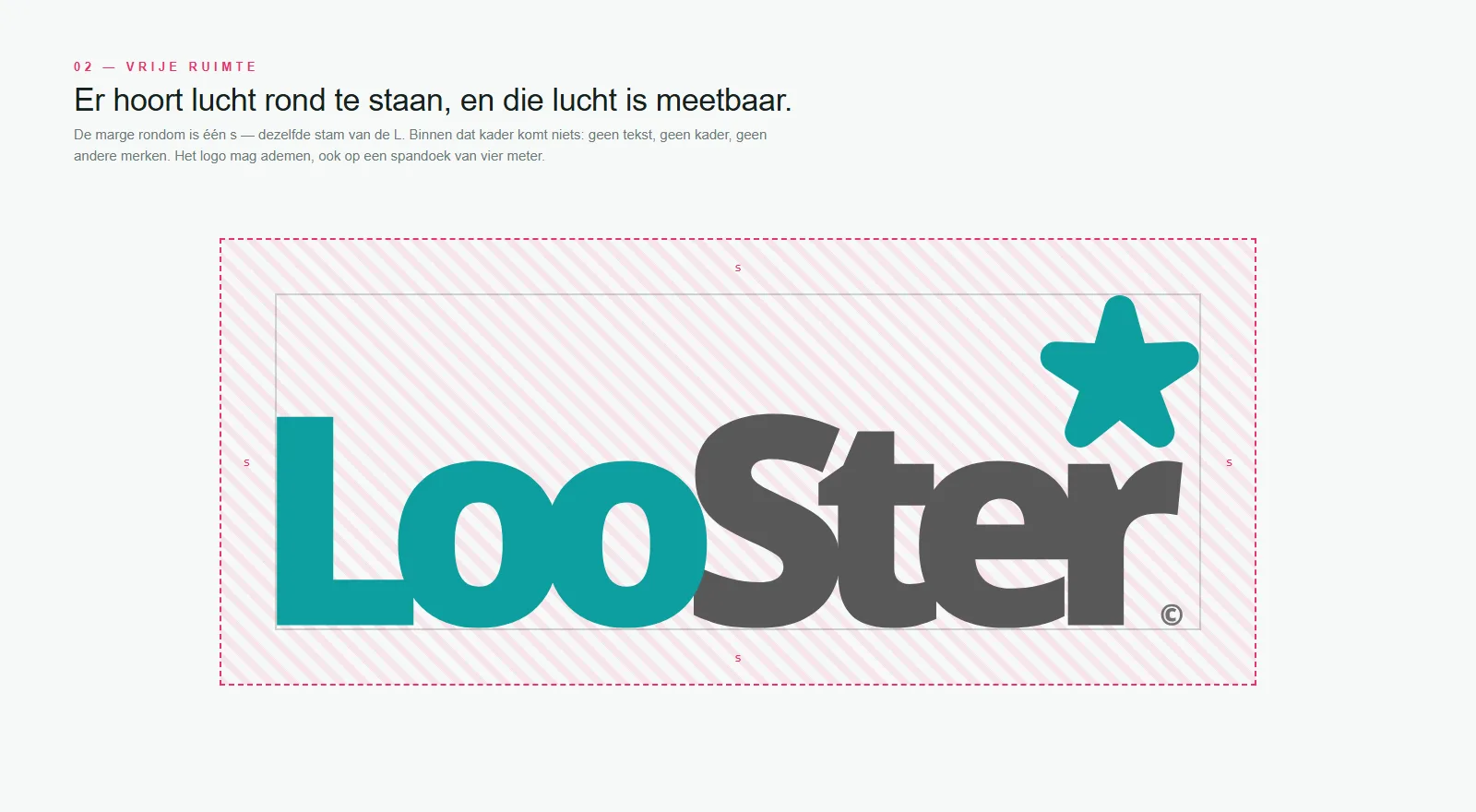 De vrije ruimte is één s rondom. Binnen dat kader komt niets — geen tekst, geen kader, geen ander merk.